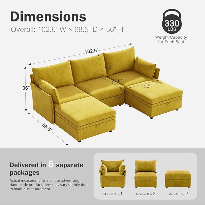 ABCASA 102.6" U Shaped Modular Sectional Sofa, 5 Seater Couch - Image 2