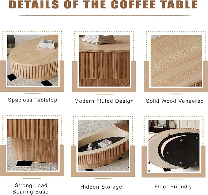 Oval Coffee Table with Storage, Modern Wooden Coffee Table with Solid Wood - Image 4