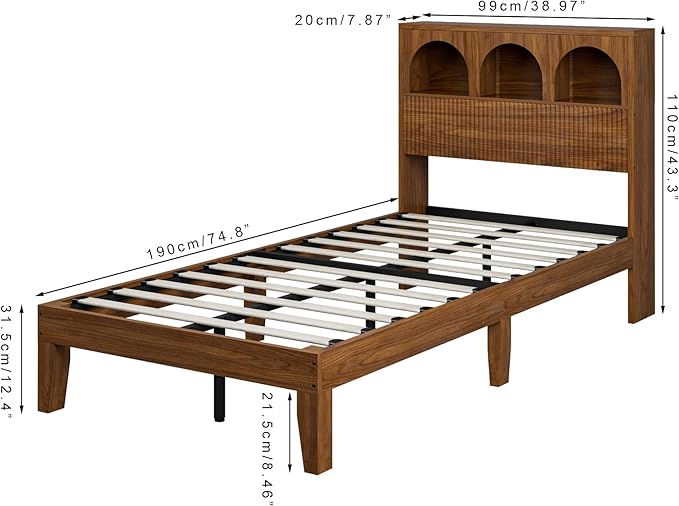 Twin Bed Frame with Wave Headboard, Wooden Headboard with 3 Arched Storage - Image 2