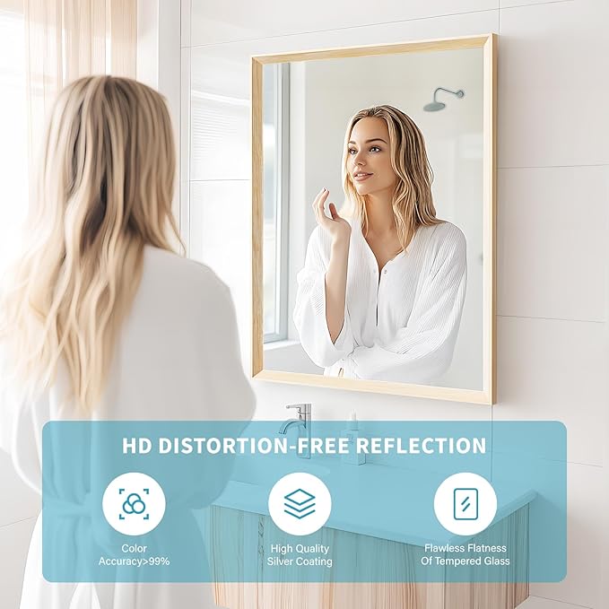 Oak Wood Effect Framed Wall Mirror, 30x36 Rectangle Mirror, 1/8" - Image 3