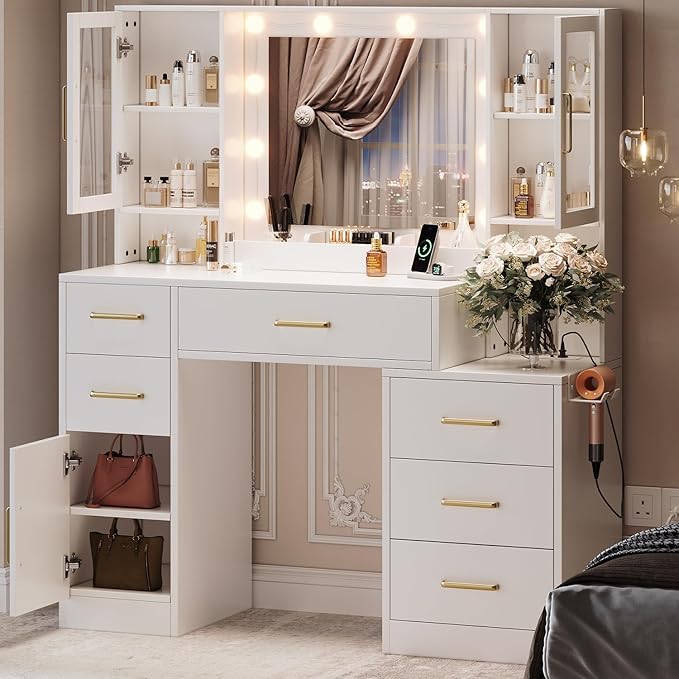 51" Vanity Desk with Mirror and Lights & Charging Station, Bedroom Dressing by TOKSOM