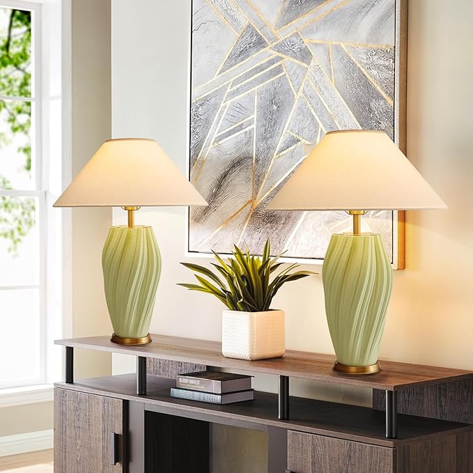 Modern E26 Ceramic Table Lamps 20.5", Sage Green Plug in Table Lamp Funky Decor - Image 2