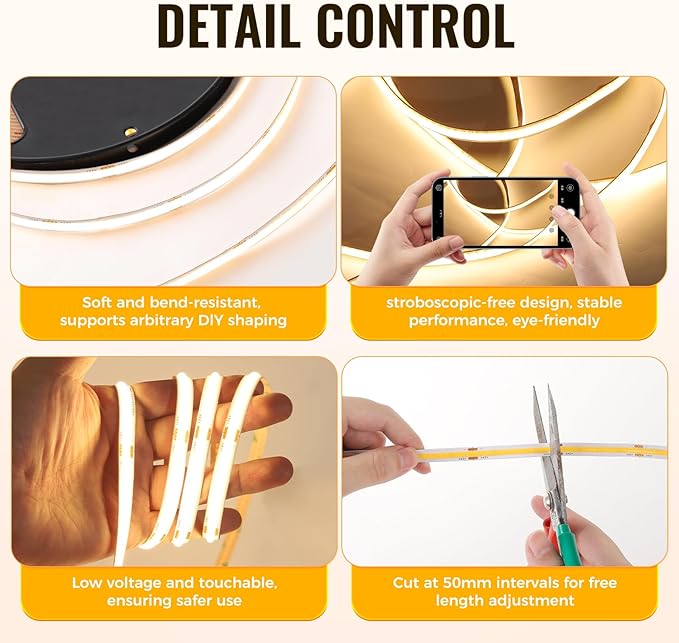 40Ft COB LED Strip Lights, Warm White 3000K Dimmable LED Light Strip - Image 4