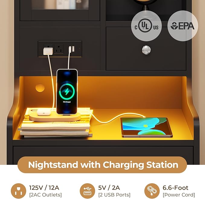 ADORNEVE Tall Night Stand with Charging Station and LED Lights, 49.2" - Image 6