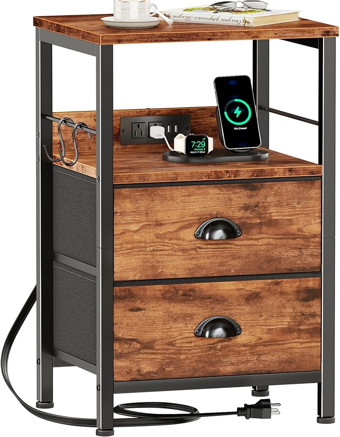 Furologee End Table with Charging Station, Nightstand with Fabric Drawers by Furologee