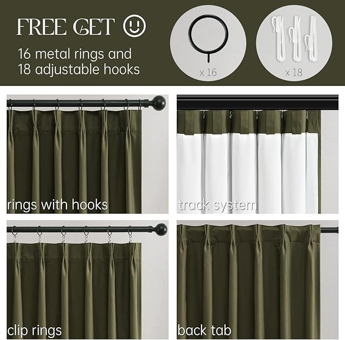 Topfinel Olive Green 100 Inch Long Black Out Custom Curtains, Double Pinch - Image 3