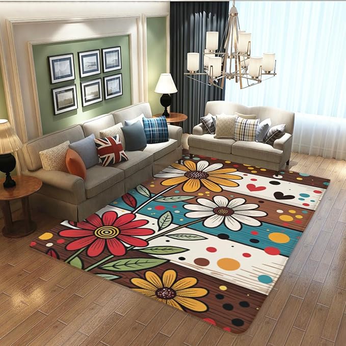 Machine Washable 5' x 8' Bohemian-Style Area Rug, Flowers Floor mat, Suitable - Image 5