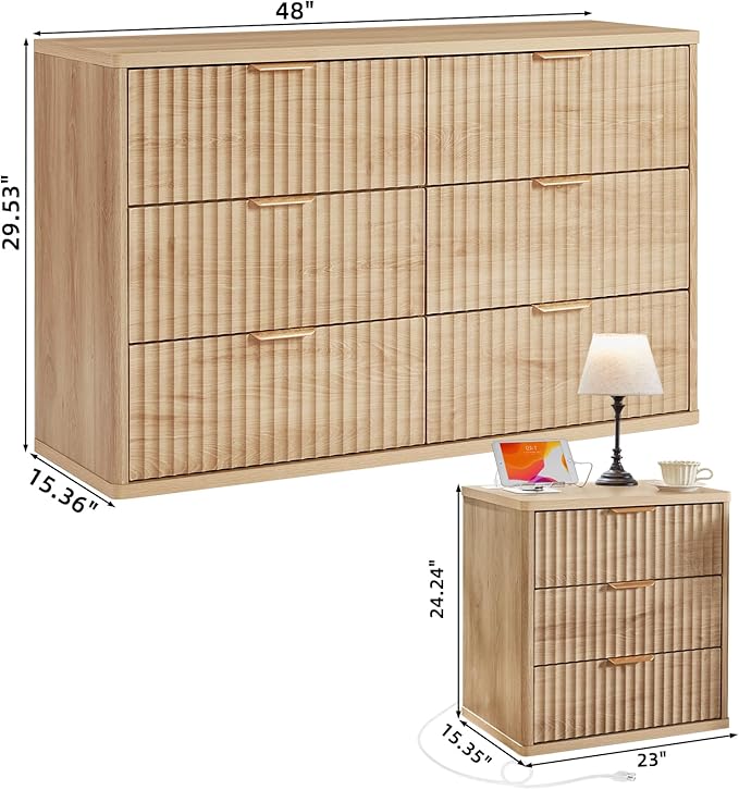 LEYAOYAO 48" Wide Fluted Dresser and 3 Drawers 23" Nightstand Set of 2 - Image 3