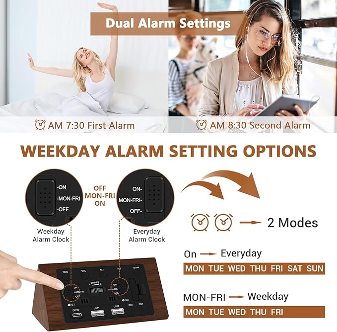 Kogonee Wooden Digital Alarm Clock, 0-100% Dimmer, 2 Alarm Settings, - Image 4