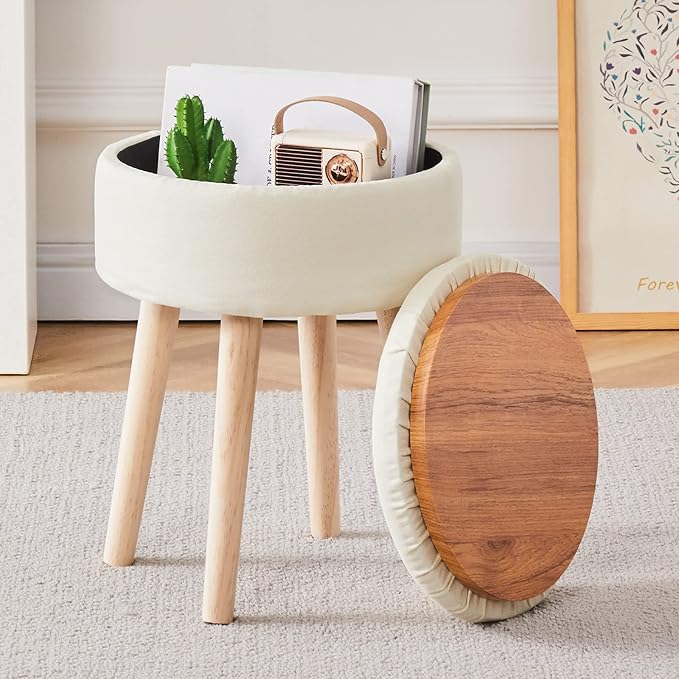 Mxfurhawa Storage Ottoman Linen Round Vanity Stool Tray Top Modern Foot Stool - Image 9