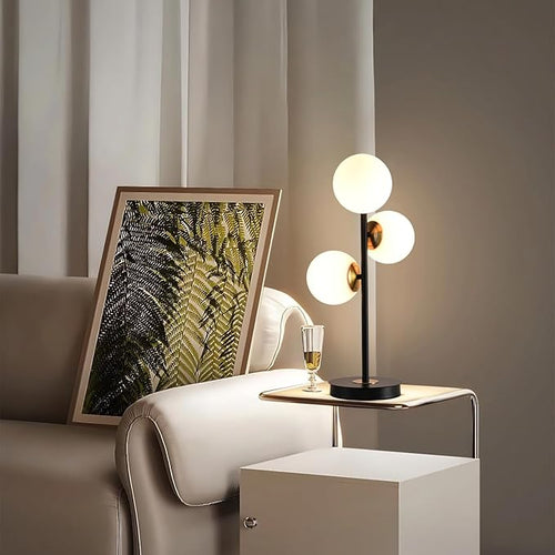 3-Light Black and Gold Table Lamp, Milk White Glass Globe Table Lamp - Image 2