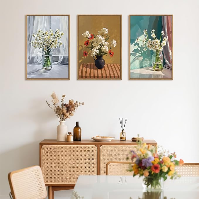 LHIUEM Large Vintage Botanical Floral Framed Canvas Wall Art Set, Boho White - Image 4
