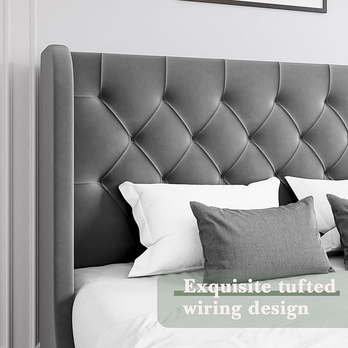 HOMBCK Grey Queen Bed Frame, Velvet Upholstered Platform Bed Frame - Image 5