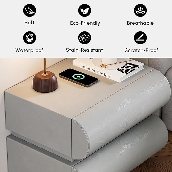 homary Smart Nightstand Modern Light Gray Leather Nightstands - Image 3