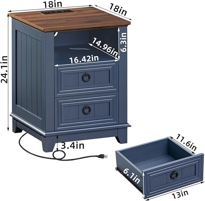 18" Farmhouse Night Stand with Charging Station, 2 Drawers End Table Dresser - Image 5