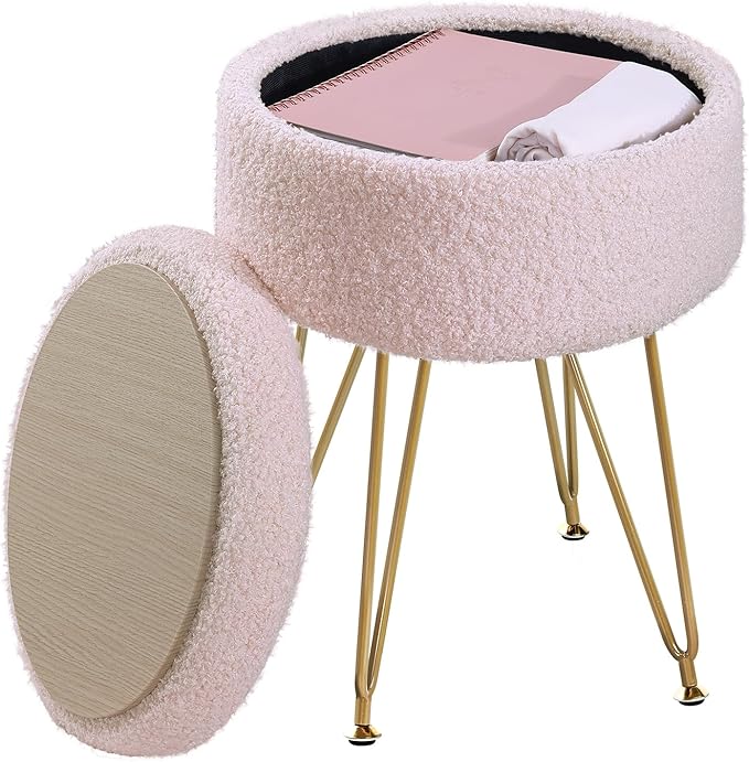 ABHENG Storage Ottoman Round Footrest Stool, Vanity Stool Chair Faux Teddy Fur by Liveinacomfortablehome