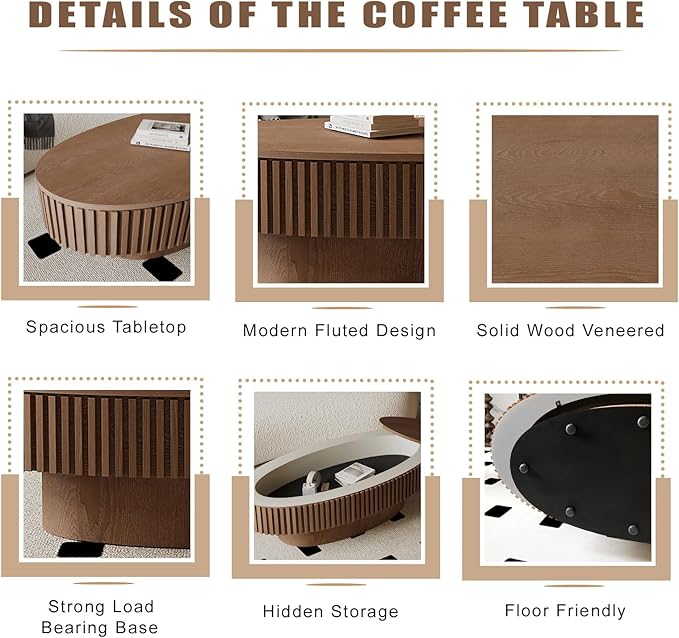 Oval Coffee Table with Storage, Modern Walnut Coffee Table with Solid Wood - Image 4
