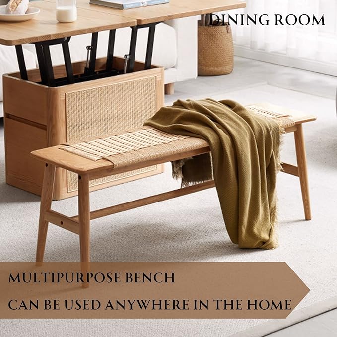 31.5'' Woven Dining Beach with 100% Solid Oak Wood Bench Frame, Hand Knitted - Image 7