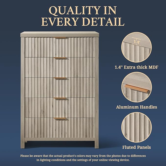 5 Drawers Dresser for Bedroom, 44 Inches Tall Modern Bedroom Dressers, Chest of - Image 5