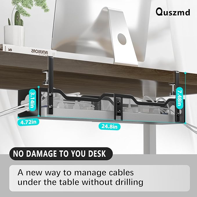 Under Desk Cable Management Tray 24.8", Quszmd Cable Organizer No Drill - Image 2