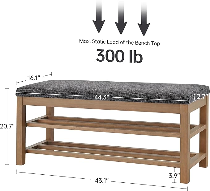 VKNOW 44.3” Wooden Entryway Bench, 2-Tier Upholstered Shoe Bench - Image 2