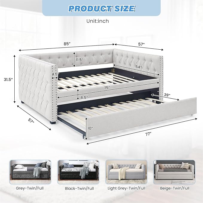 Antetek Daybed with Trundle, Modern Upholstered Full Size Button-Tufted Sofa - Image 2