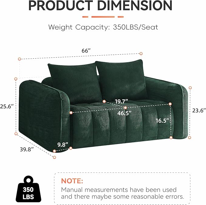 66'' Boneless Corduroy Loveseat Sofa, 2 Seater Tufted Deep Seat Couch - Image 2