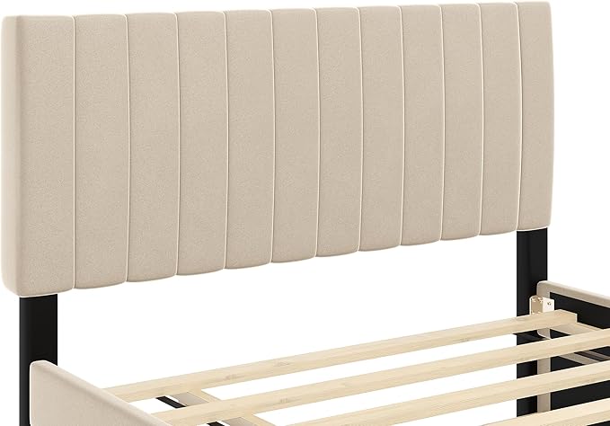 Full Bed Frame with Trundle Bed, Velvet Upholstered Platform Bed Frame - Image 6