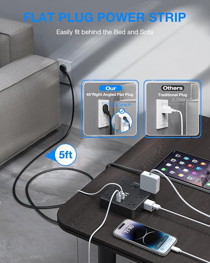 Flat Plug Power Strip Surge Protector, HUNIAN 5 Ft Extension Cord - Image 3