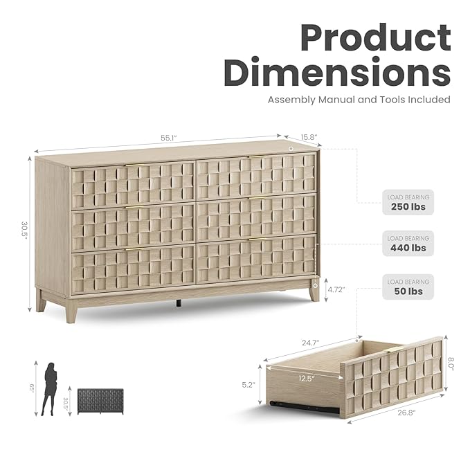 COLAMY Fluted Dresser, Modern Wooden 6 Drawer Dresser 55”, Side Board Buffet - Image 2