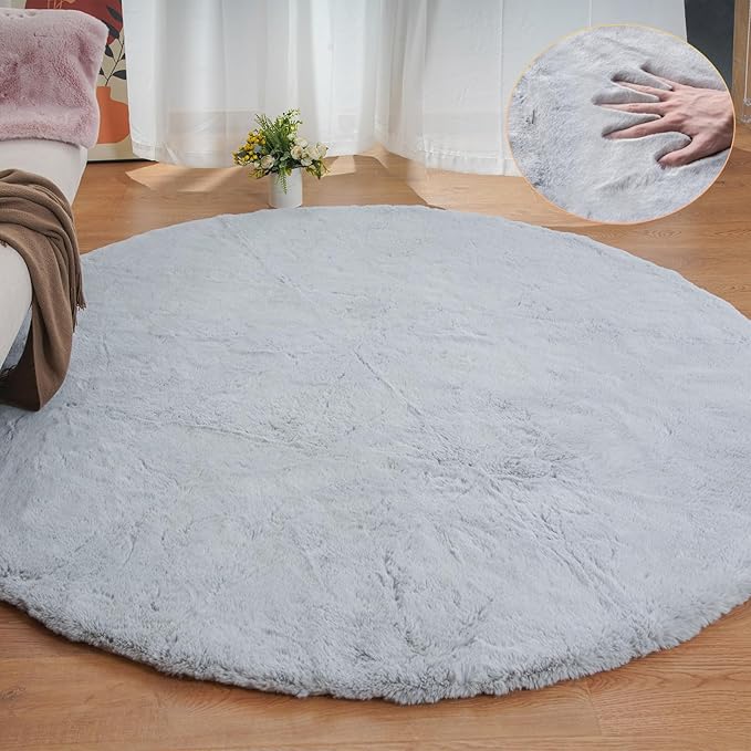 Silver Grey Round Rugs 8ft Shag Washable Area Rugs by ORINOVA