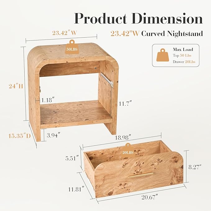 Night Stand 1-Drawer and 1 Storage Shelf Nightstand 24" H Metal Handle Modern - Image 2