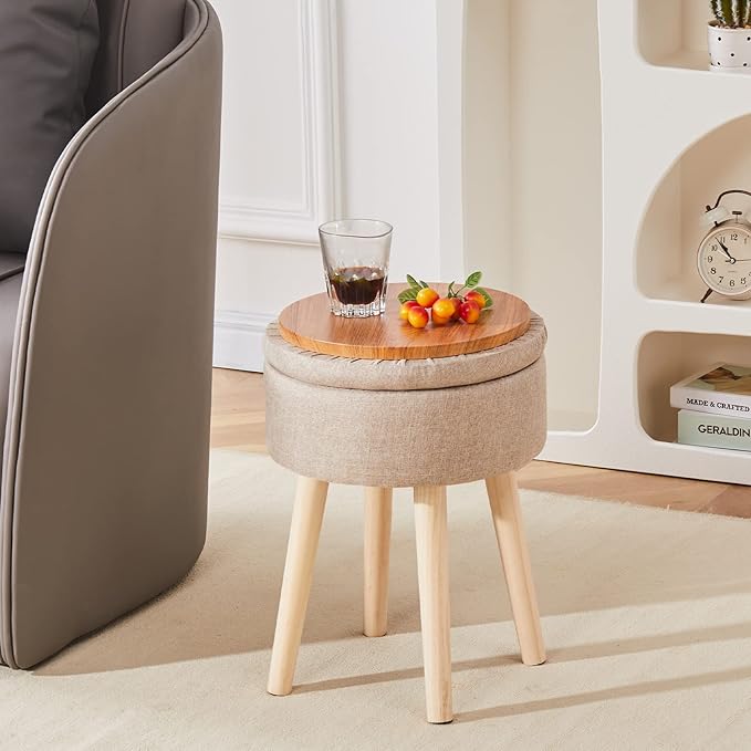 Mxfurhawa Storage Ottoman Linen Round Vanity Stool Tray Top Modern Foot Stool - Image 6