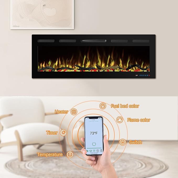 60" WiFi Electric Fireplace Inserts, Recessed and Wall Mounted Fireplace Heater - Image 4