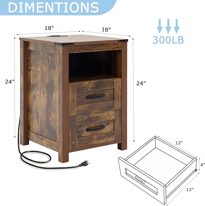 Puntogen Brown Night Stand Set of 2, Rustic End Table - Image 3