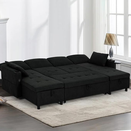 110" Fabric Pull-Out Couch Bed w/Adjustable Backrests, Sectional Sleeper Sofa - Image 2