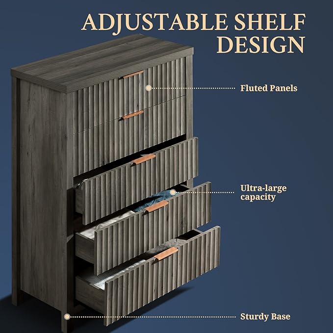 5 Drawers Dresser for Bedroom, 44 Inches Tall Modern Bedroom Dressers, Chest of - Image 4
