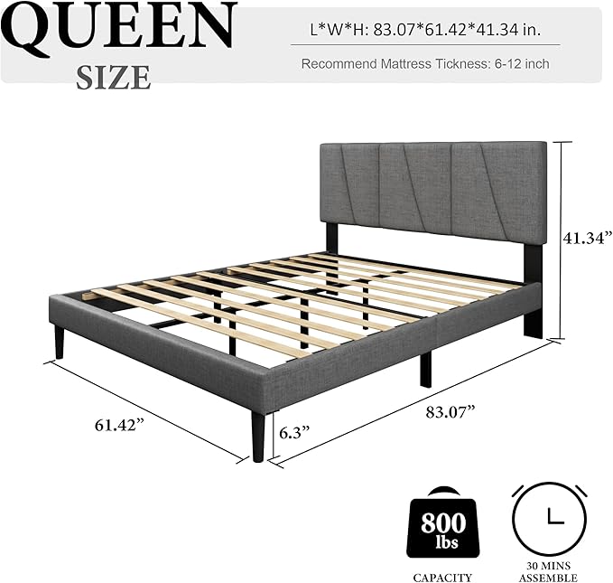 Queen Size Bed Frame with Fabric Upholstered Headboard, Platform Bed with - Image 2