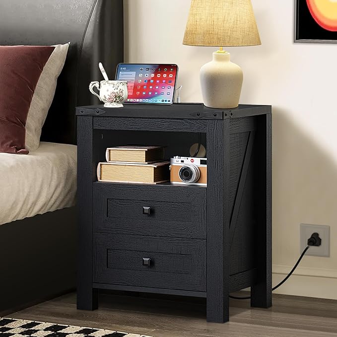 Joaxswe Nightstand with Charging Station, Farmhouse Night Stand with 2 Drawers - Image 8