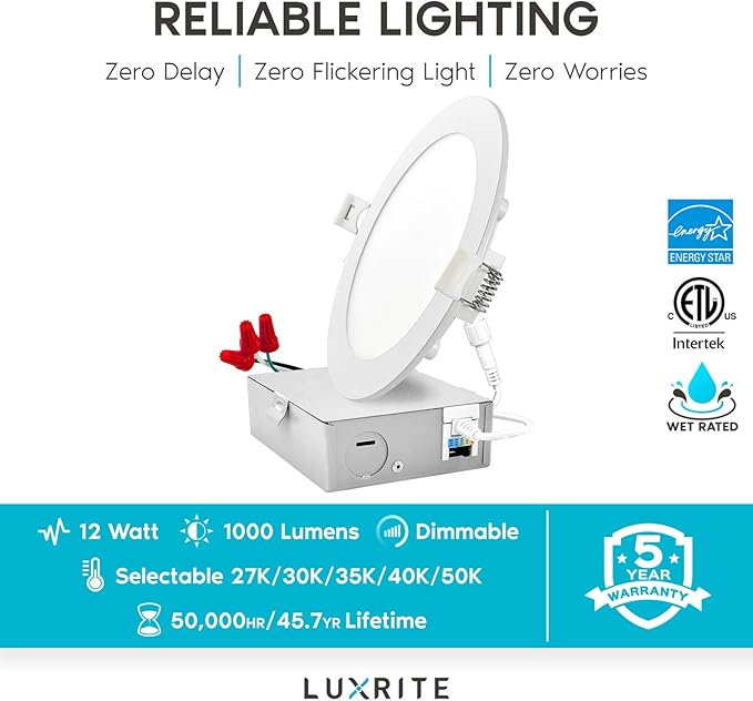 LUXRITE 12 Pack 6 Inch Ultra Thin LED Recessed Light - Image 8