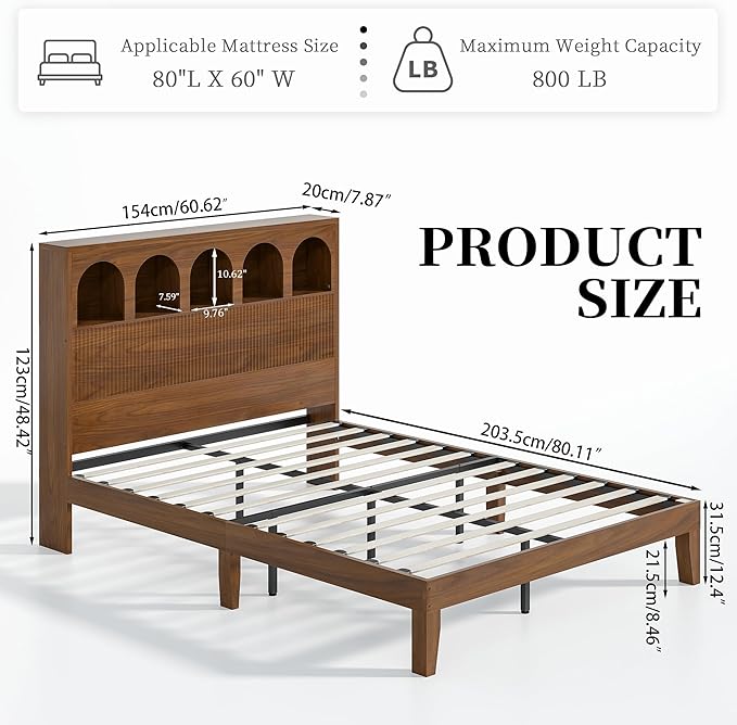 Queen Bed Frame with Storage Headboard 5 Arched Storage Compartments, 12.4 Inch - Image 2