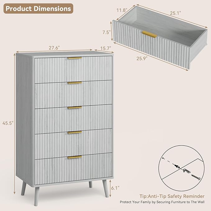CARPETNAL Fluted 5 Drawers Dresser - Image 2