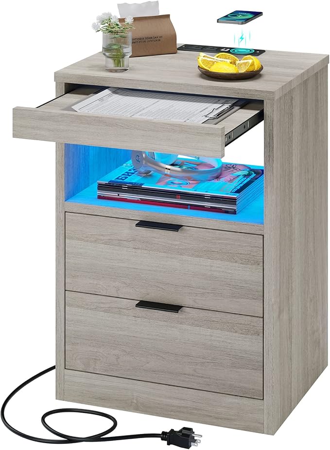 Tiptiper LED Nightstand with Wireless Charging Station, Farmhouse Nightstand by Tiptiper