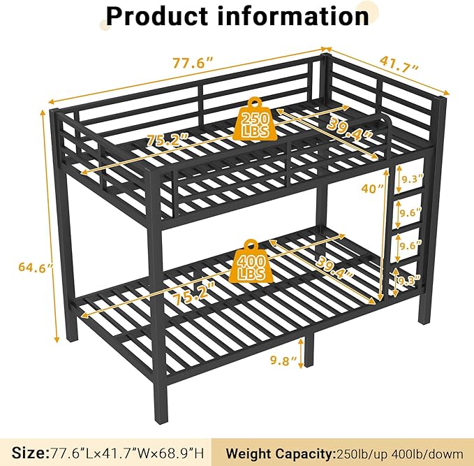 Twin Over Twin Bunk Bed Frame, Heavy Duty Metal Loft Bed - Image 2