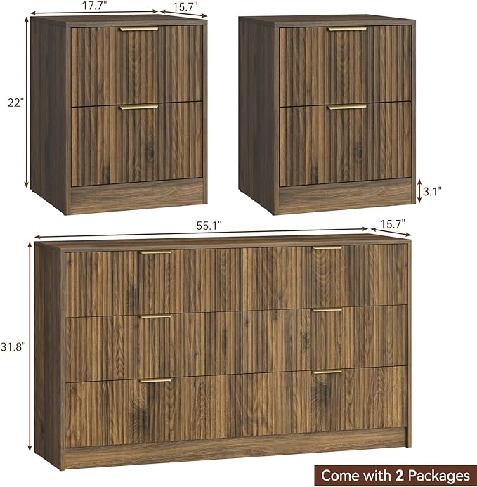 6 Drawer Dresser & Nightstand Set 3-Piece, 55” Wide Fluted Dresser and Night - Image 2