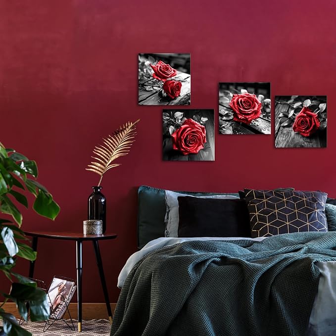 VANSEEING 4 Pieces Red and Black Rose Flower Canvas Wall Art Floral Pictures - Image 4
