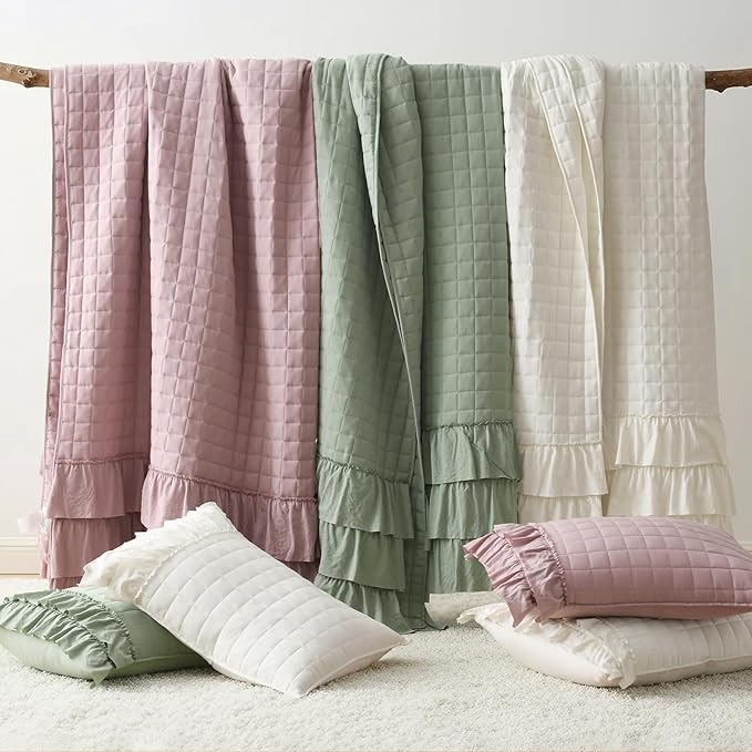 HORIMOTE HOME Ivory Ruffled Quilt Set Twin Size, Classic Geometric Square - Image 7