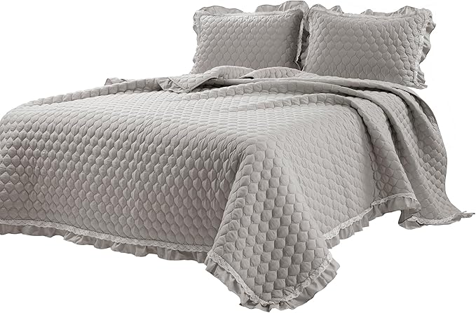 Lush Decor Ella Ruffle Lace Quilt, 3 Piece Set, Light Gray - Image 9