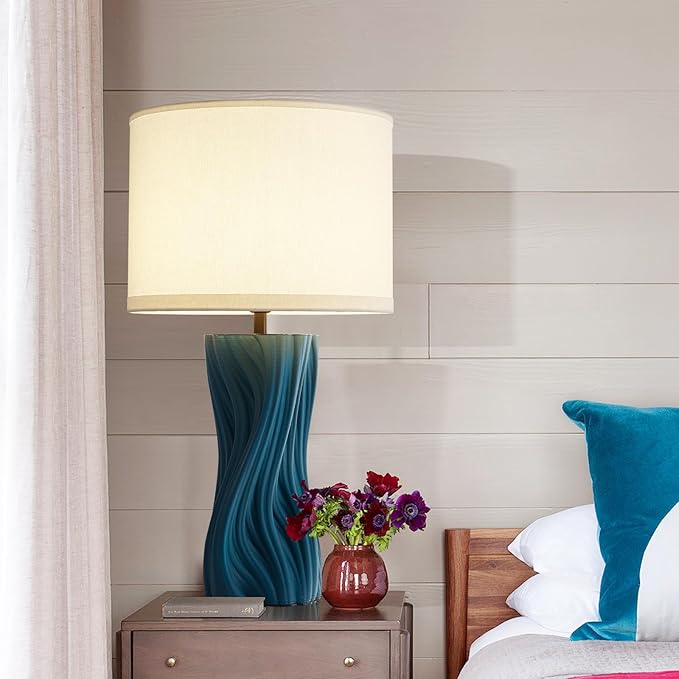 Modern Plug in Textured Table Lamps 21.5In Blue Ceramic Table Lamp Bedroom by Waikmdv