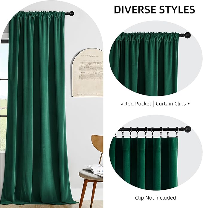 Joydeco Dark Green Velvet Curtains 90 inch Length 2 Panels Burg Set, Luxury Rod - Image 2